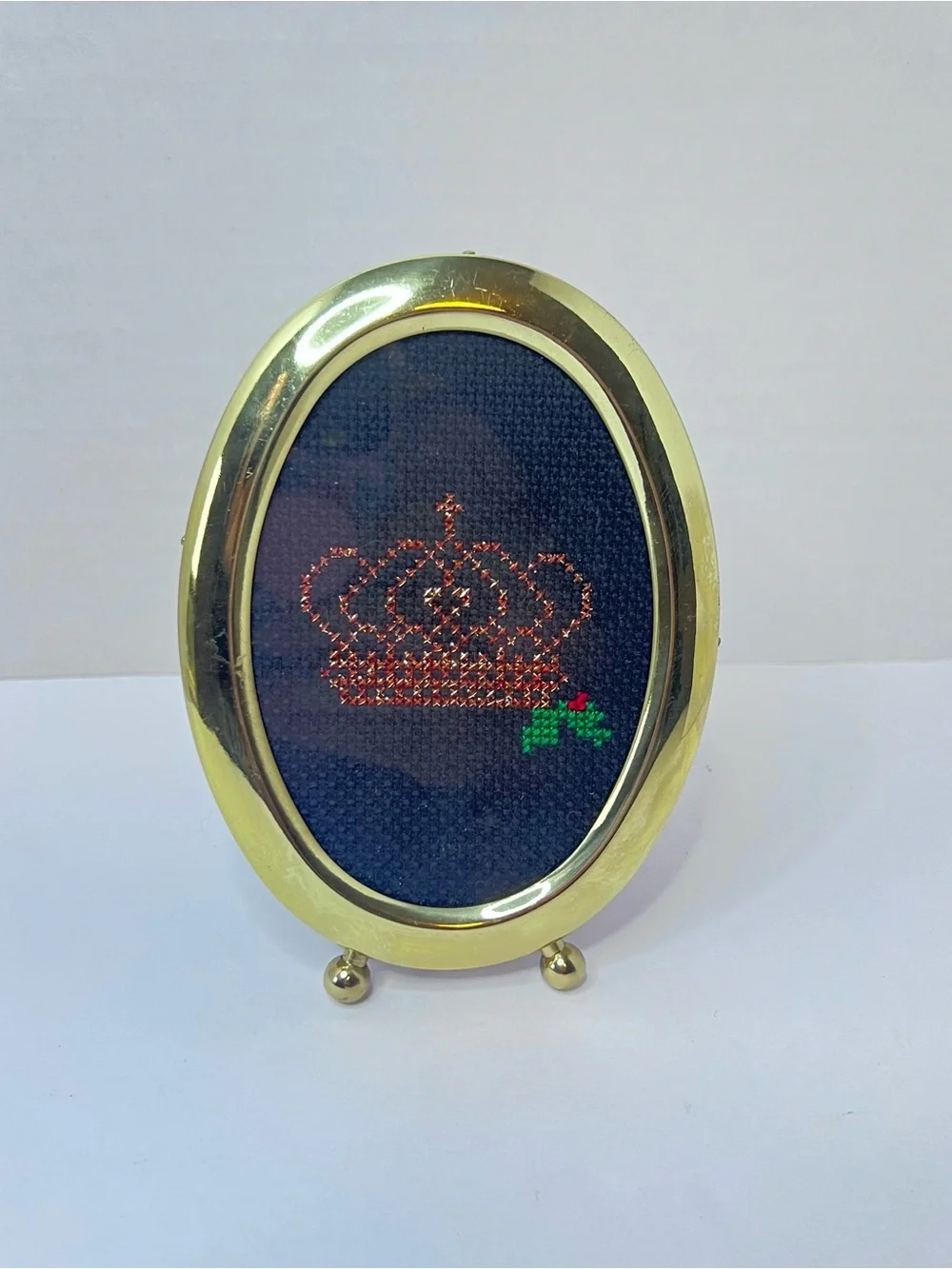 Small Vintage Gold Framed Cross Stitch Crown Needlepoint Picture Hand Stitched